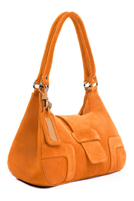 Apricot orange women's dress handbag, matching pumps and belts. Worn view - Florence KOOIJMAN